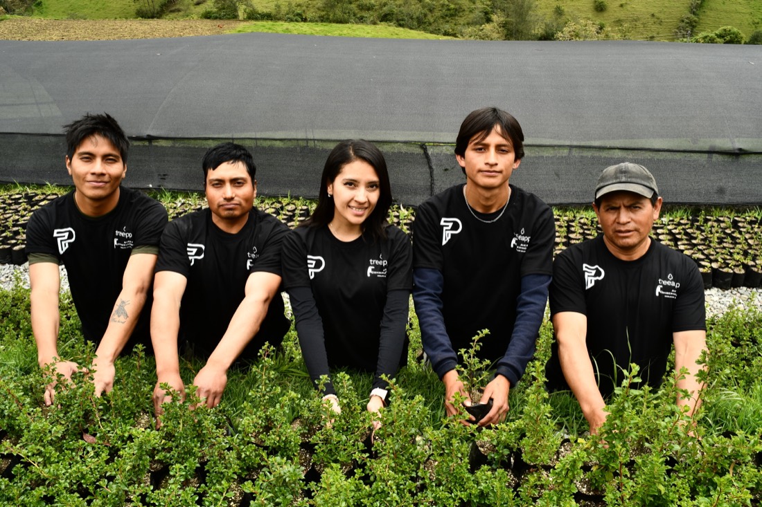 The nursery crew in Pubity and TreeApp shirts, kneeling in the seedling beds in the Ecuadorian Andes